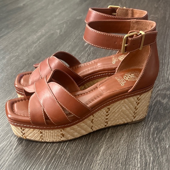 Vince Camuto Shoes - Vince Camuto Cognac Leather Platform Wedge Sandals with Ankle Strap